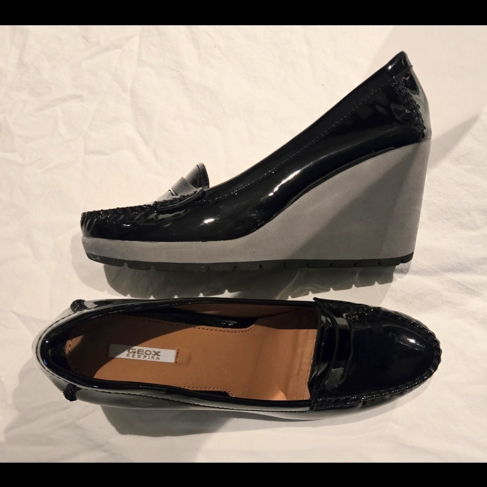 NWOB - Geox: Size 40 Breathable, Waterproof Respira™ 3" Black Patent Wedge Heels